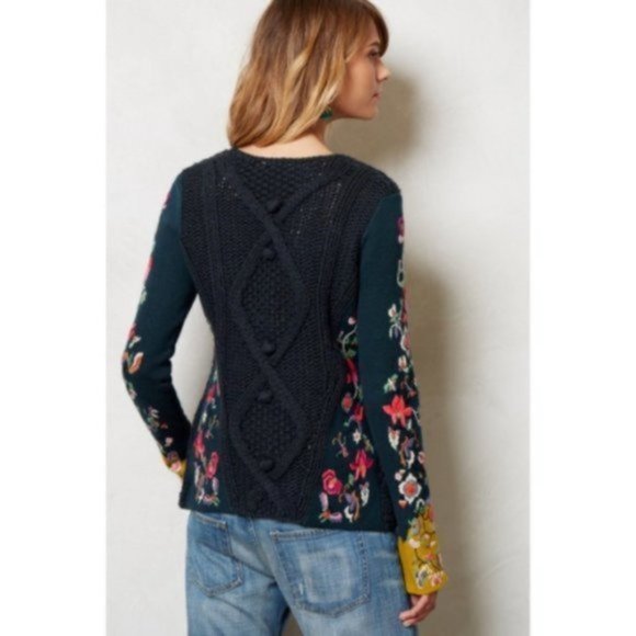 Rare ANTHRO  Sleeping On Snow Embroidered Stitched Flora Cardigan Sweate… - Picture 3 of 7